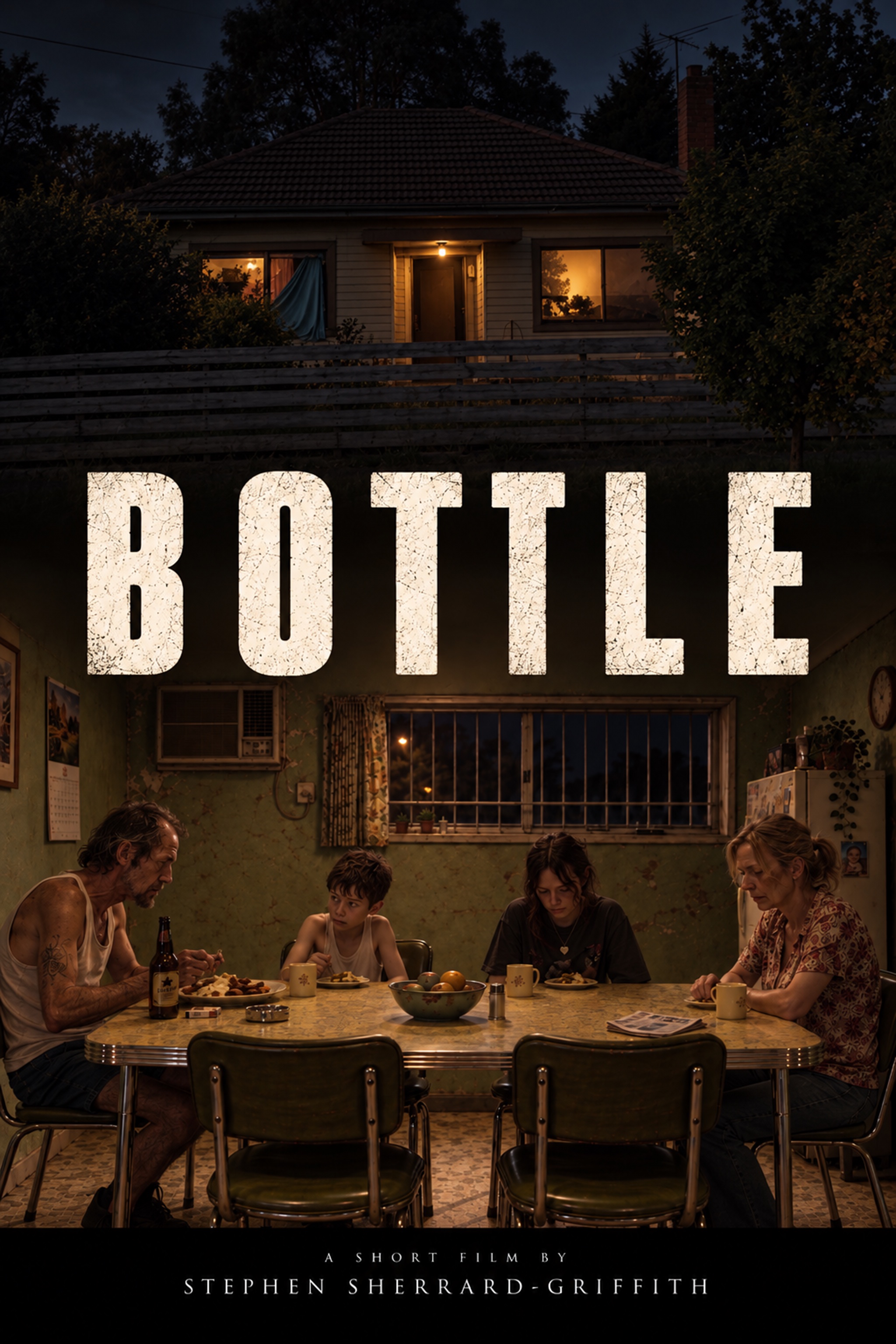 Bottle poster: a family around a kitchen table beneath the exterior of their home at night.